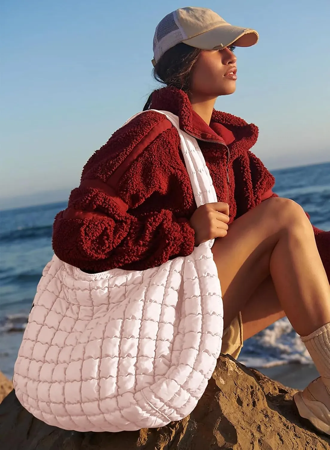 Womens' Lightweight Quilted Carryall GYM Tote Bag Puffer Crossbody Bag Soft Puffy Boho Handbags Big Capacity Purse