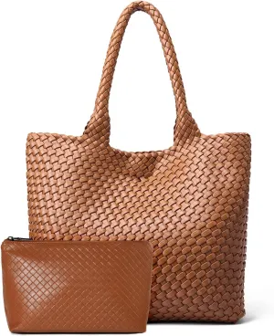 Woven Leather Handbag - Large Tote Bag for Women - Fashion Vegan Leather Tote