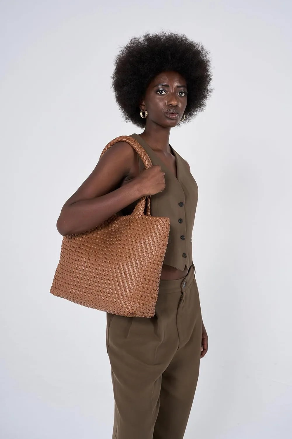 Woven Leather Handbag - Large Tote Bag for Women - Fashion Vegan Leather Tote