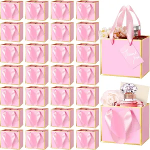 Yeaqee 50 Pcs Mini Metallic Foil Gift Bags with Handles 4x4.75x2.25'' Tiny Thank You Favor Bags Bulk with Tag for Easter Mother's Day Wedding Favor Birthday Bridal Shower Party(Pink, Gold)