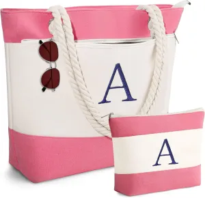 YOOLIFE Beach Bags for Women - Initial Canvas Tote Waterproof Bag with Makeup Bag Gifts for Women Mom Friend Birthday Her