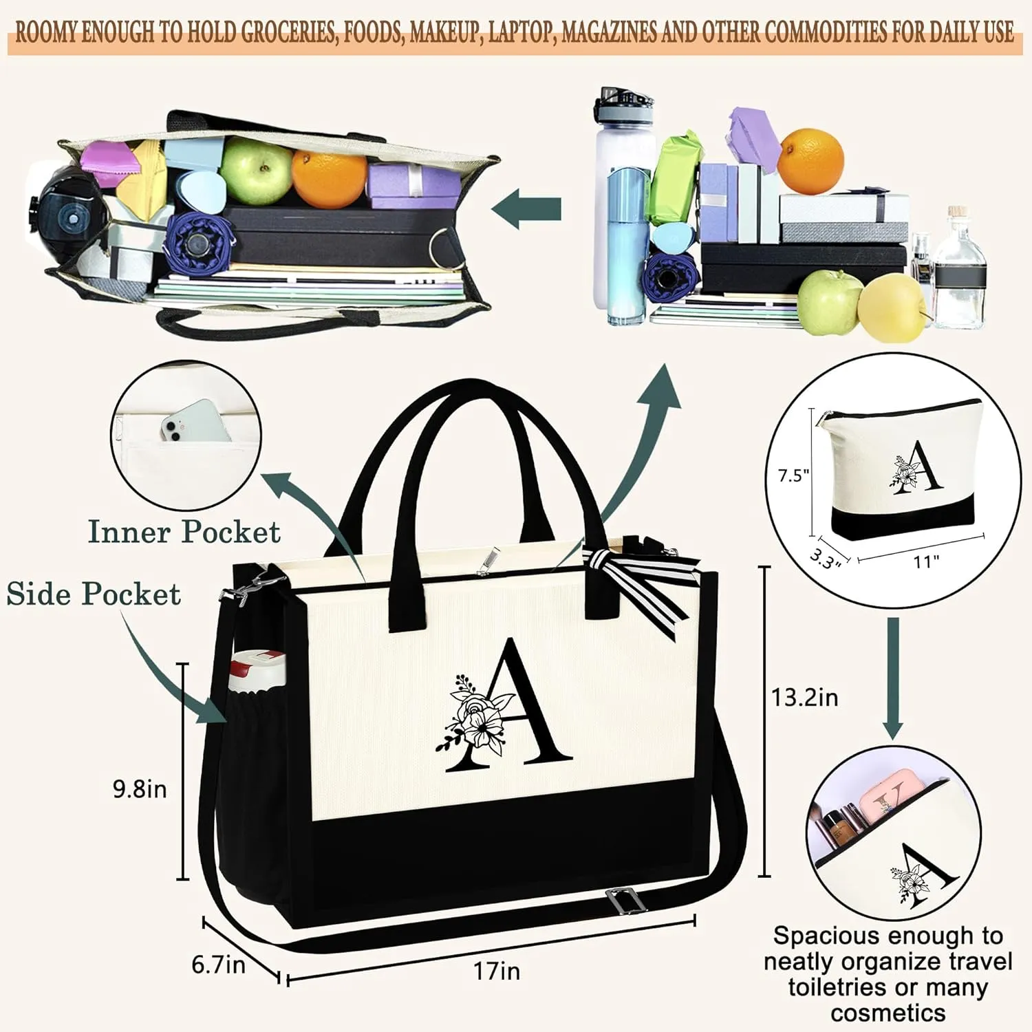 YOOLIFE Mothers Day Gifts for Women - Initial Tote Bag & Makeup Bag, Birthday Gifts for Women Mom Wife Teacher Friend