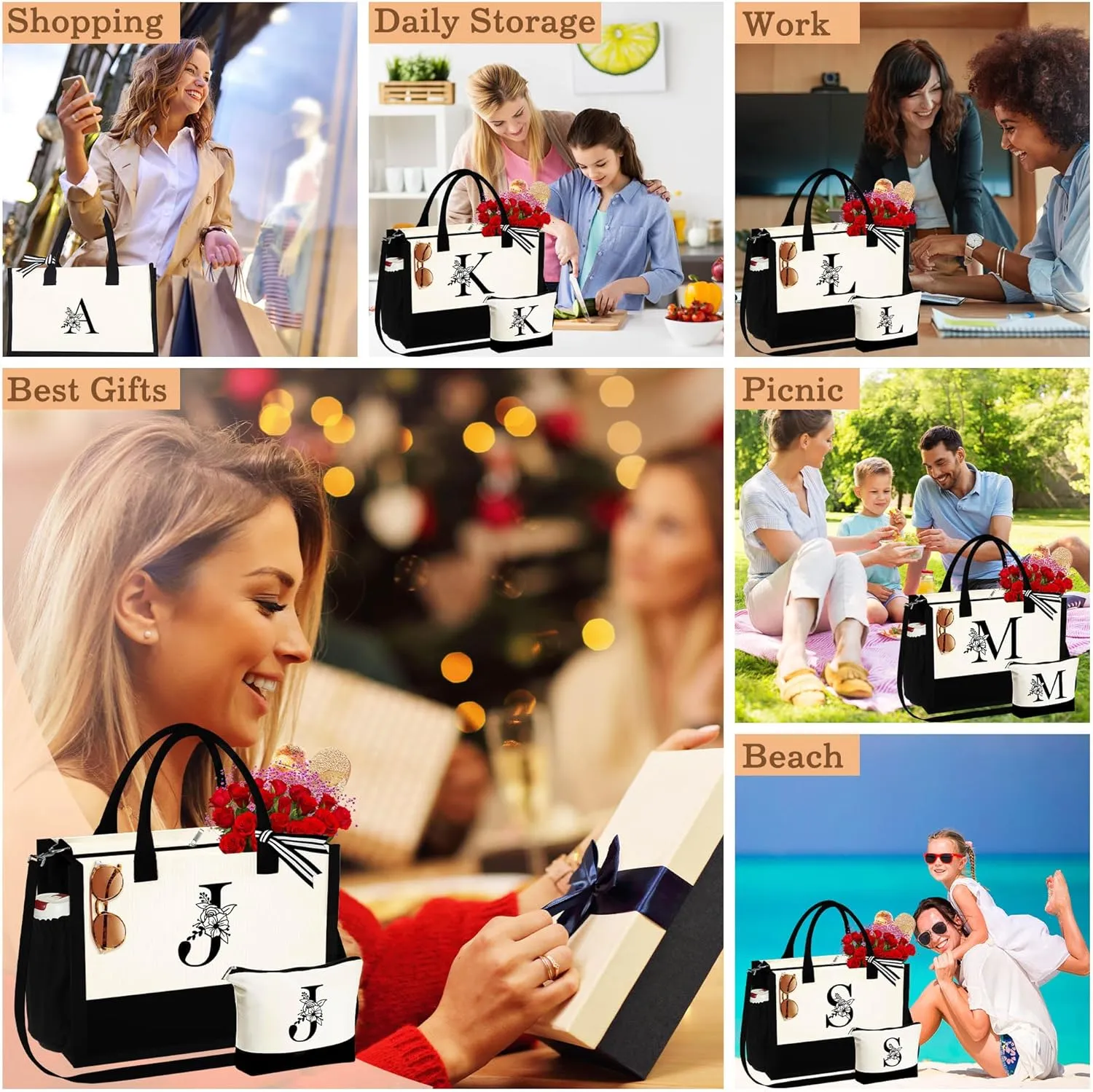 YOOLIFE Mothers Day Gifts for Women - Initial Tote Bag & Makeup Bag, Birthday Gifts for Women Mom Wife Teacher Friend