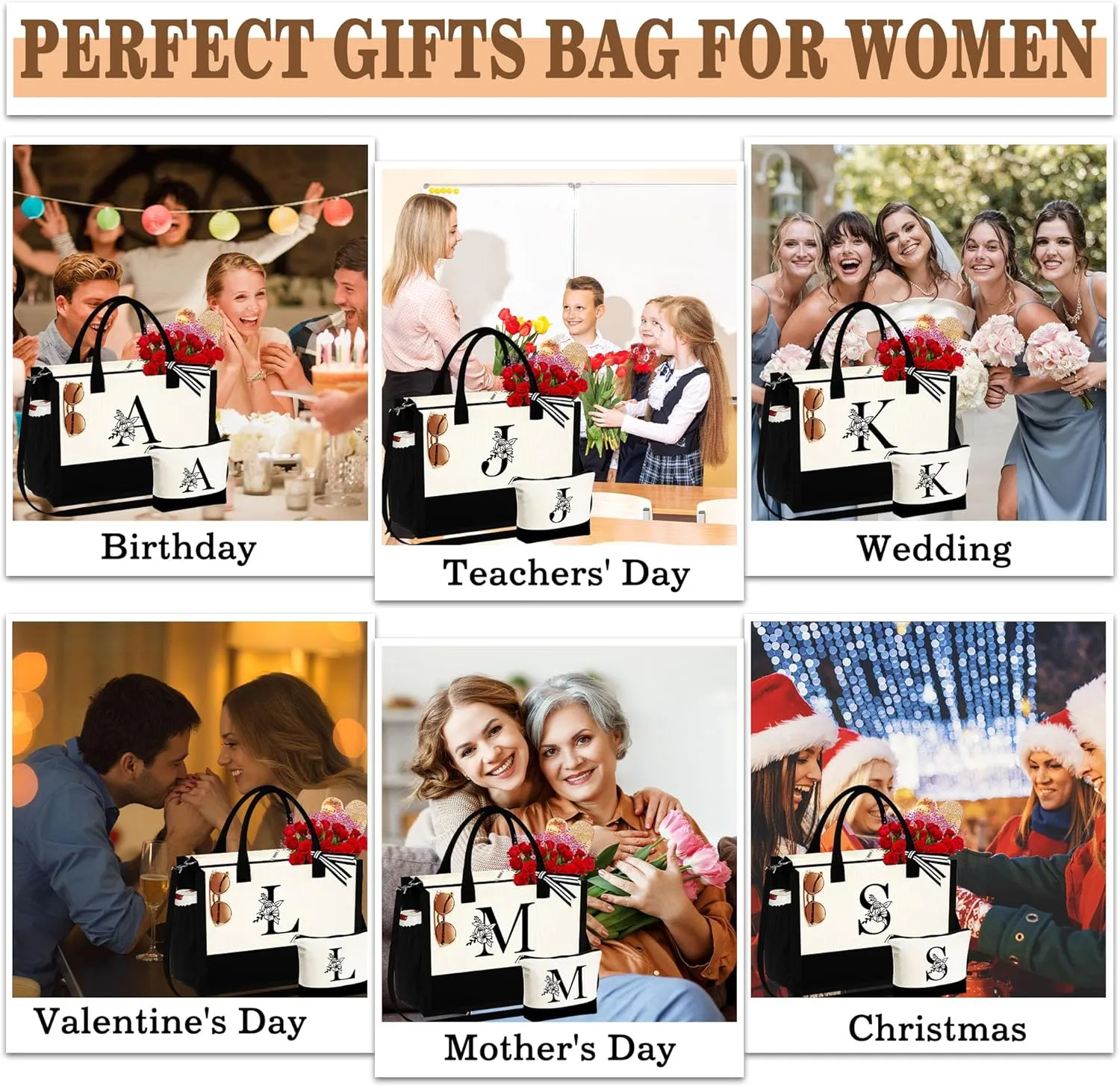 YOOLIFE Mothers Day Gifts for Women - Initial Tote Bag & Makeup Bag, Birthday Gifts for Women Mom Wife Teacher Friend