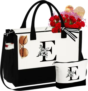 YOOLIFE Mothers Day Gifts for Women - Initial Tote Bag & Makeup Bag, Birthday Gifts for Women Mom Wife Teacher Friend