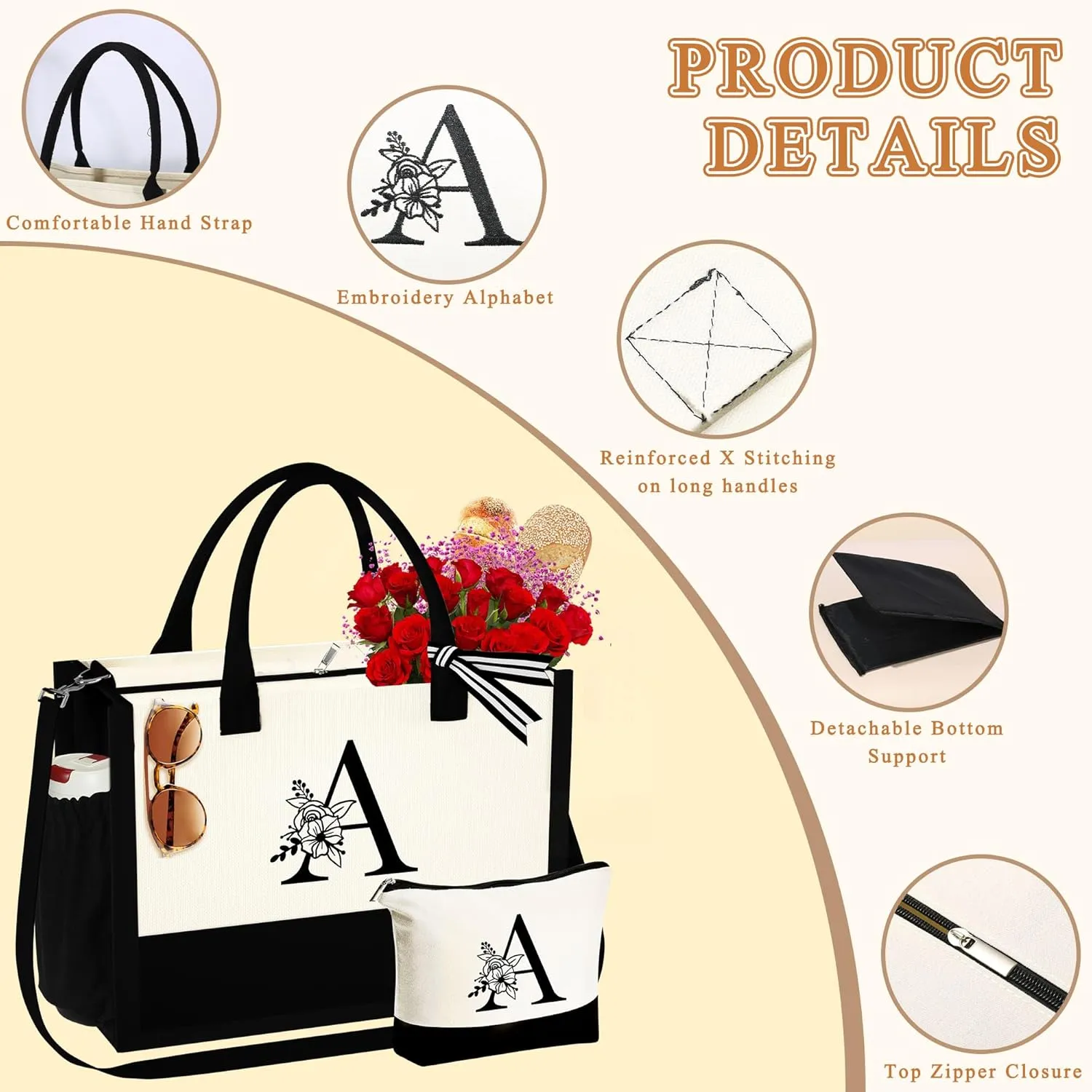 YOOLIFE Mothers Day Gifts for Women - Initial Tote Bag & Makeup Bag, Birthday Gifts for Women Mom Wife Teacher Friend