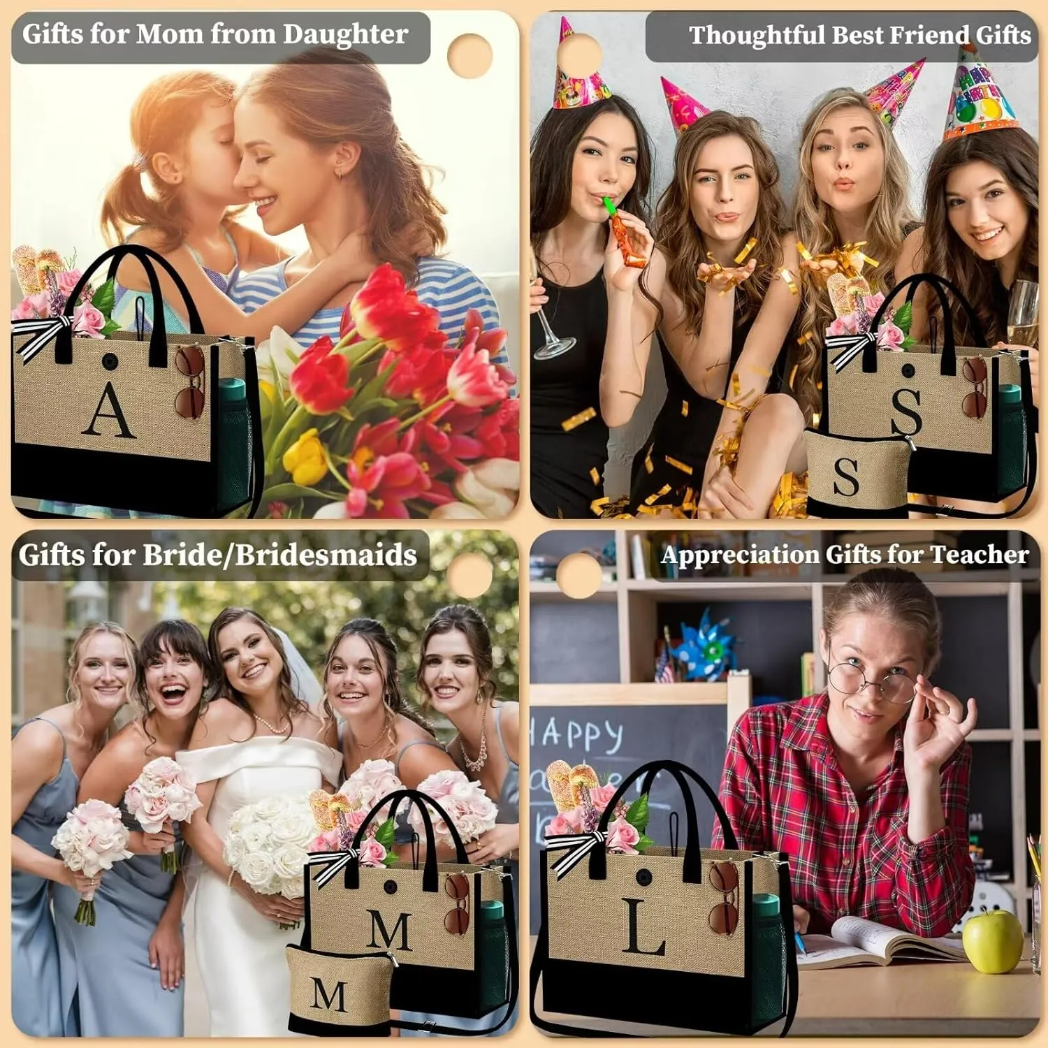YOOLIFE Mothers Day Gifts - Initial Jute Tote Bag & Makeup Bag, Personalized Gifts for Women Mom Wife Teacher Friend Birthday