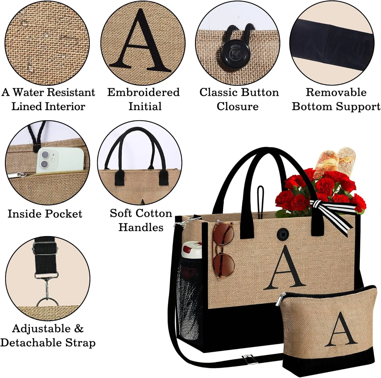 YOOLIFE Mothers Day Gifts - Initial Jute Tote Bag & Makeup Bag, Personalized Gifts for Women Mom Wife Teacher Friend Birthday