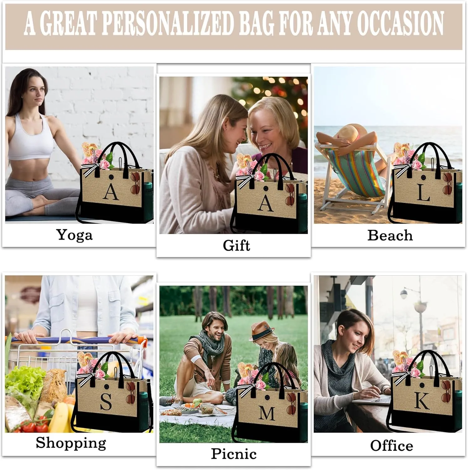 YOOLIFE Mothers Day Gifts - Initial Jute Tote Bag & Makeup Bag, Personalized Gifts for Women Mom Wife Teacher Friend Birthday