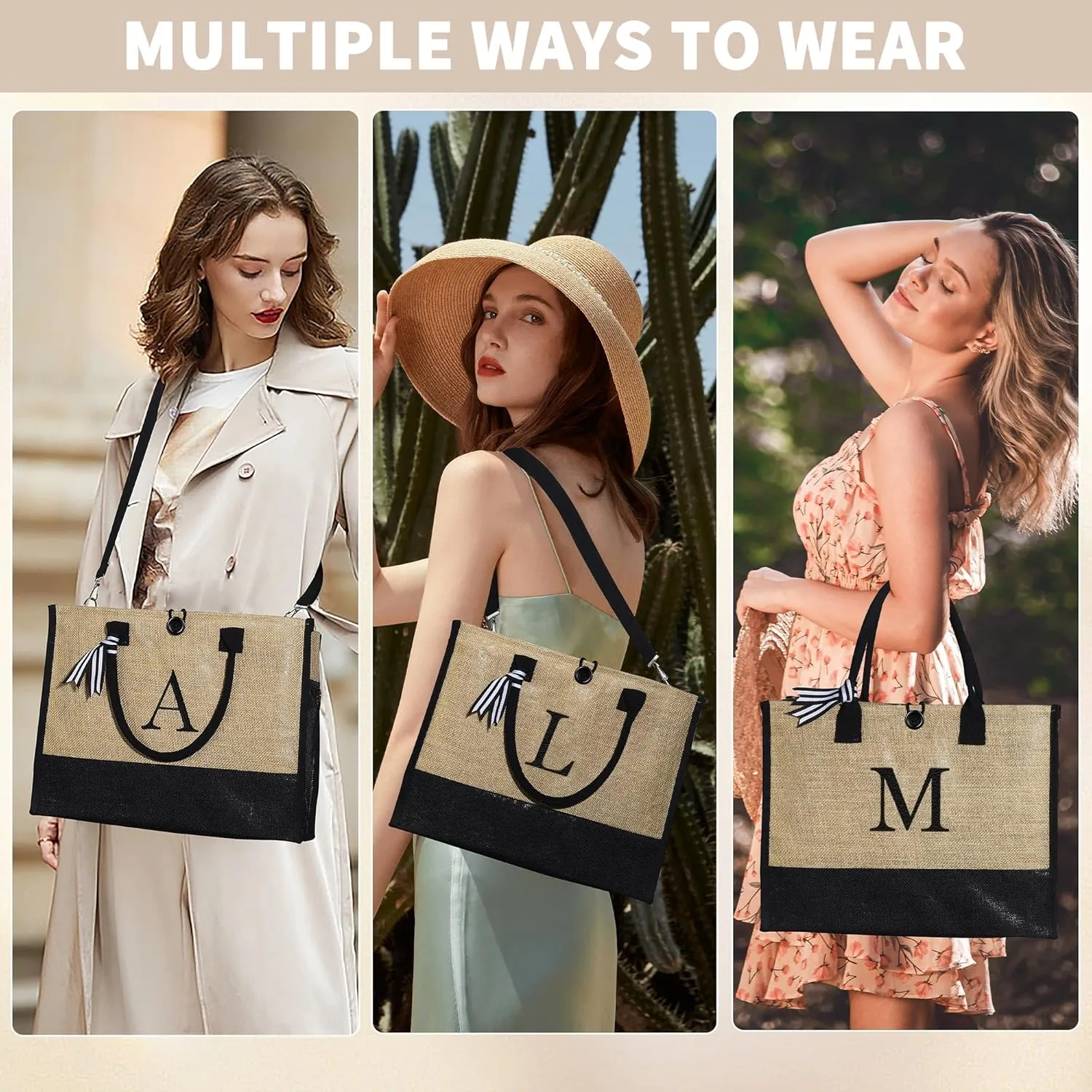 YOOLIFE Mothers Day Gifts - Initial Jute Tote Bag & Makeup Bag, Personalized Gifts for Women Mom Wife Teacher Friend Birthday