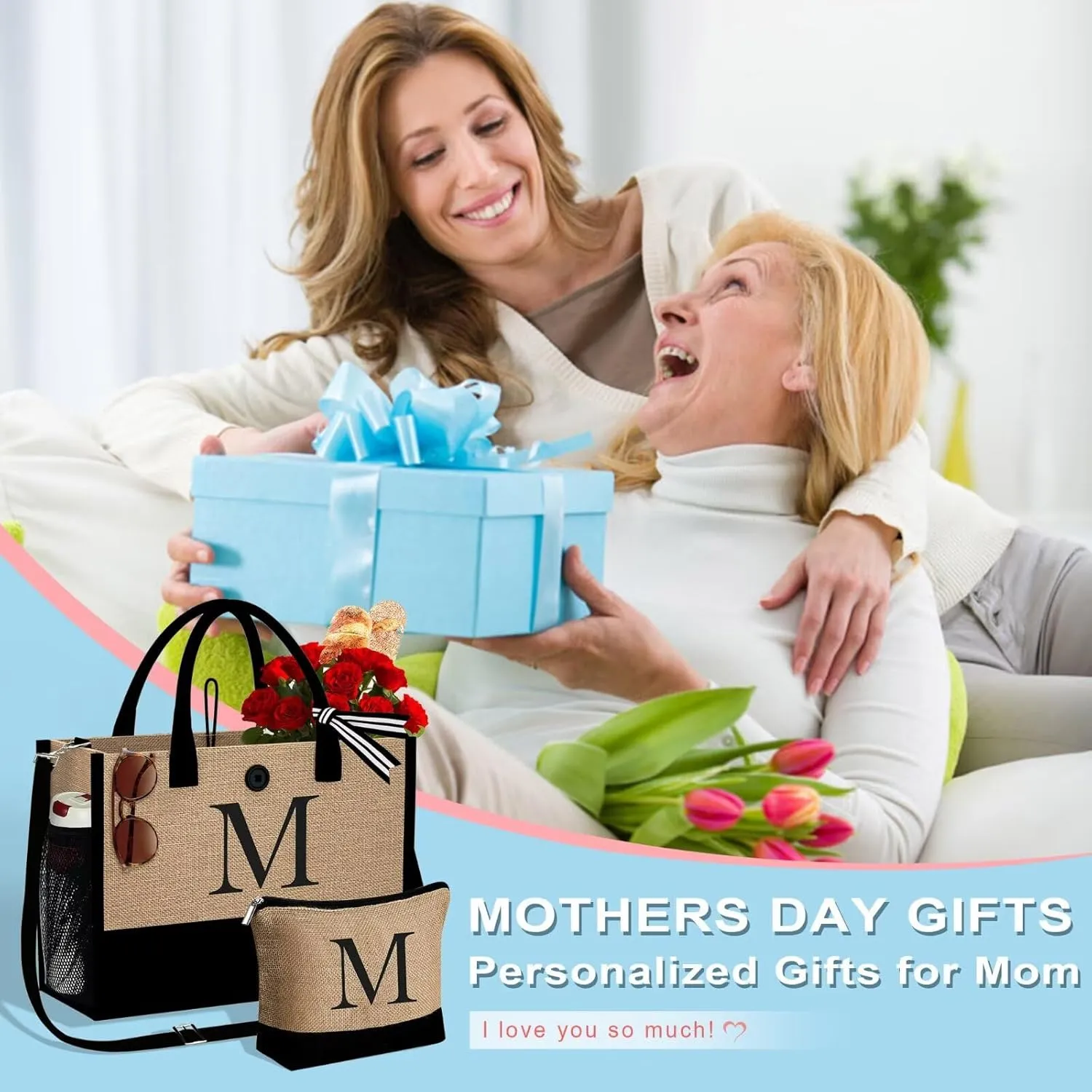 YOOLIFE Mothers Day Gifts - Initial Jute Tote Bag & Makeup Bag, Personalized Gifts for Women Mom Wife Teacher Friend Birthday
