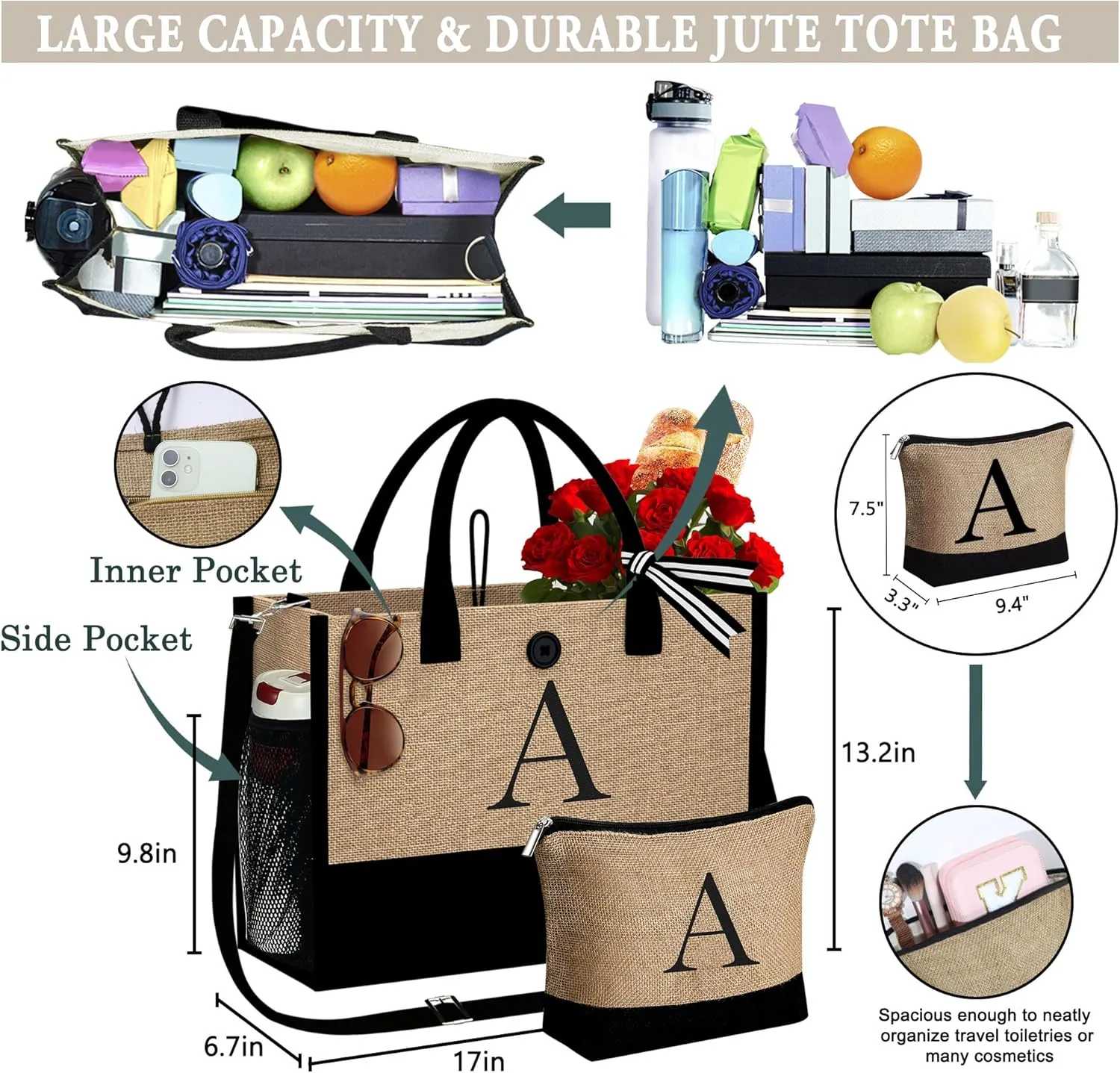 YOOLIFE Mothers Day Gifts - Initial Jute Tote Bag & Makeup Bag, Personalized Gifts for Women Mom Wife Teacher Friend Birthday