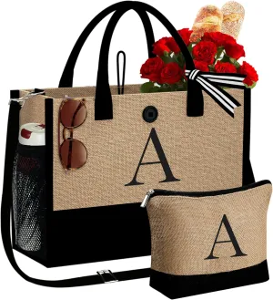 YOOLIFE Mothers Day Gifts - Initial Jute Tote Bag & Makeup Bag, Personalized Gifts for Women Mom Wife Teacher Friend Birthday