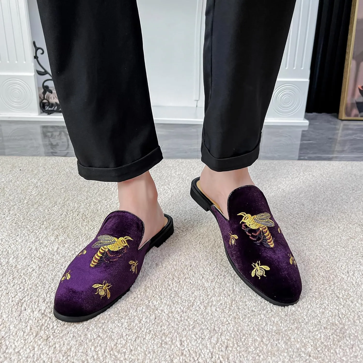 YYQL Mens Slippers with Arch Support Embroidered Leather Sandals for Men Slip On House Shoes with Indoor Outdoor Anti-Skid Rubber Sole Size 7-13