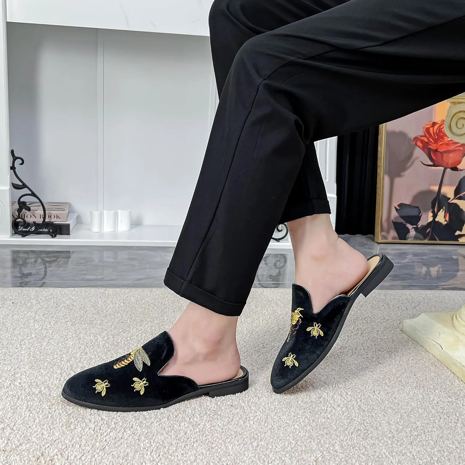YYQL Mens Slippers with Arch Support Embroidered Leather Sandals for Men Slip On House Shoes with Indoor Outdoor Anti-Skid Rubber Sole Size 7-13