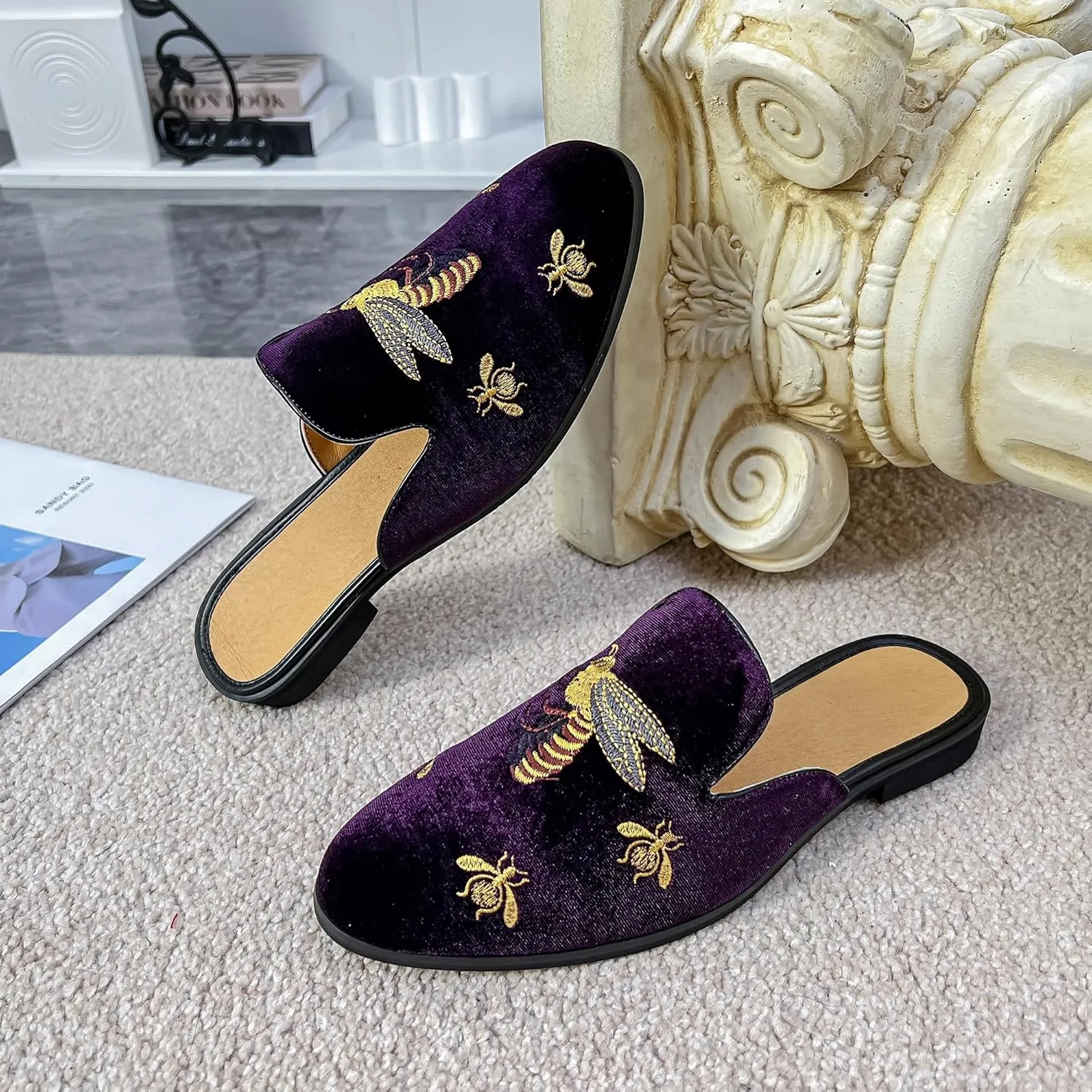 YYQL Mens Slippers with Arch Support Embroidered Leather Sandals for Men Slip On House Shoes with Indoor Outdoor Anti-Skid Rubber Sole Size 7-13