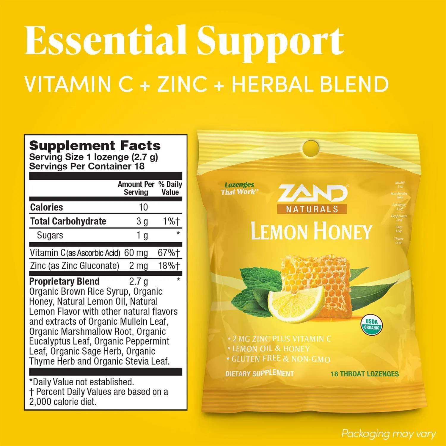 Zand Immunity Organic Lemon Honey HerbaLozenge | Immune Support Throat Drops w/Vitamin C and Zinc (12 Bags, 18 Lozenges)