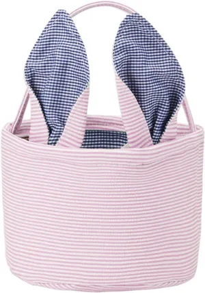 ZARSIO Easter Baskets Bunny Ears Bags Seersucker Easter Egg Bunny Bucket Candy Basket Tote Bag Rabbit Ears Stripe Storage (Pink)