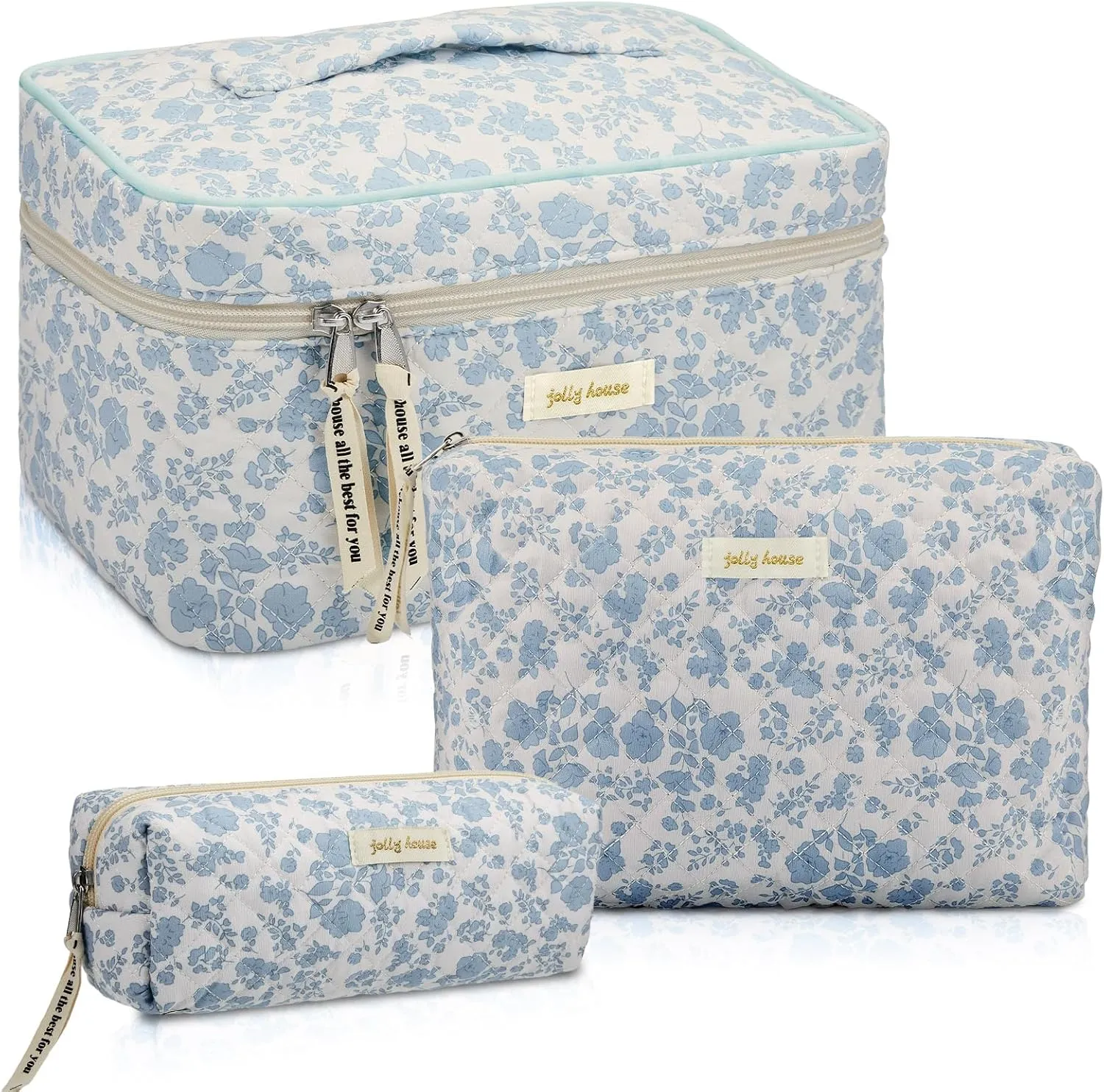 Zeyune 3 Pcs Quilted Makeup Bag Large Cosmetic Floral Makeup Bag Travel Toiletry Storage Aesthetic Cute Cosmetic Pouch with Zipper for Women Mom Birthday Gift Home Bathroom(Blue Flower)