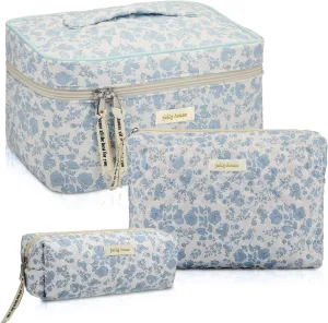 Zeyune 3 Pcs Quilted Makeup Bag Large Cosmetic Floral Makeup Bag Travel Toiletry Storage Aesthetic Cute Cosmetic Pouch with Zipper for Women Mom Birthday Gift Home Bathroom(Blue Flower)