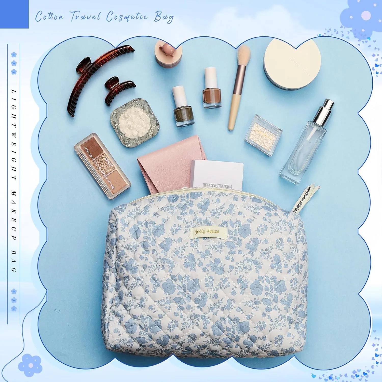 Zeyune 3 Pcs Quilted Makeup Bag Large Cosmetic Floral Makeup Bag Travel Toiletry Storage Aesthetic Cute Cosmetic Pouch with Zipper for Women Mom Birthday Gift Home Bathroom(Blue Flower)