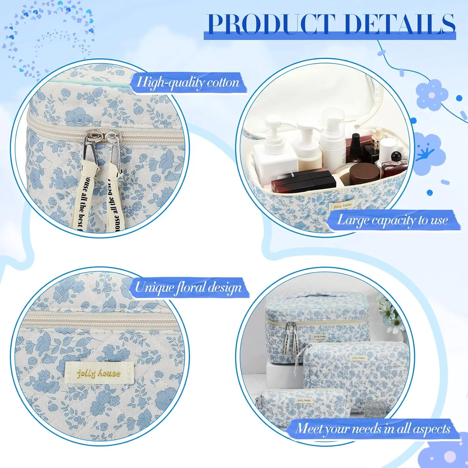 Zeyune 3 Pcs Quilted Makeup Bag Large Cosmetic Floral Makeup Bag Travel Toiletry Storage Aesthetic Cute Cosmetic Pouch with Zipper for Women Mom Birthday Gift Home Bathroom(Blue Flower)