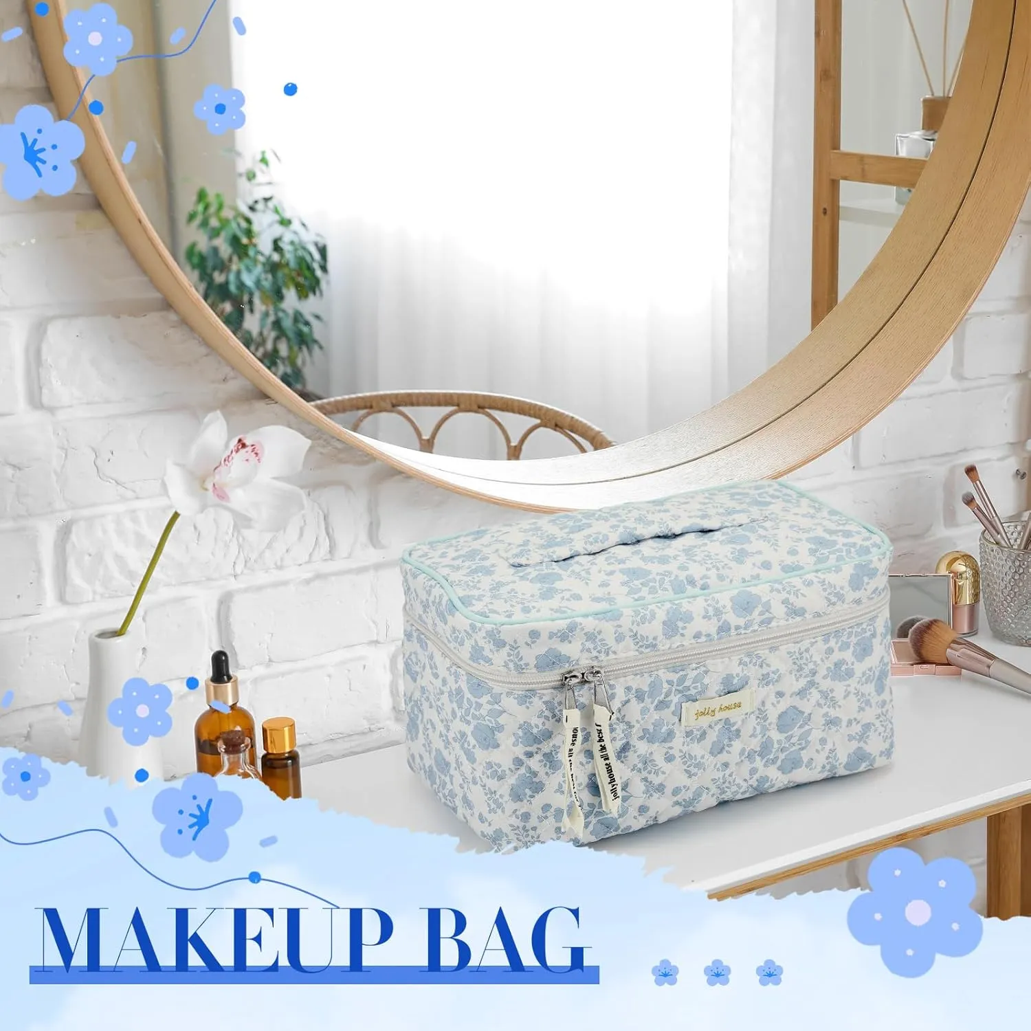 Zeyune 3 Pcs Quilted Makeup Bag Large Cosmetic Floral Makeup Bag Travel Toiletry Storage Aesthetic Cute Cosmetic Pouch with Zipper for Women Mom Birthday Gift Home Bathroom(Blue Flower)