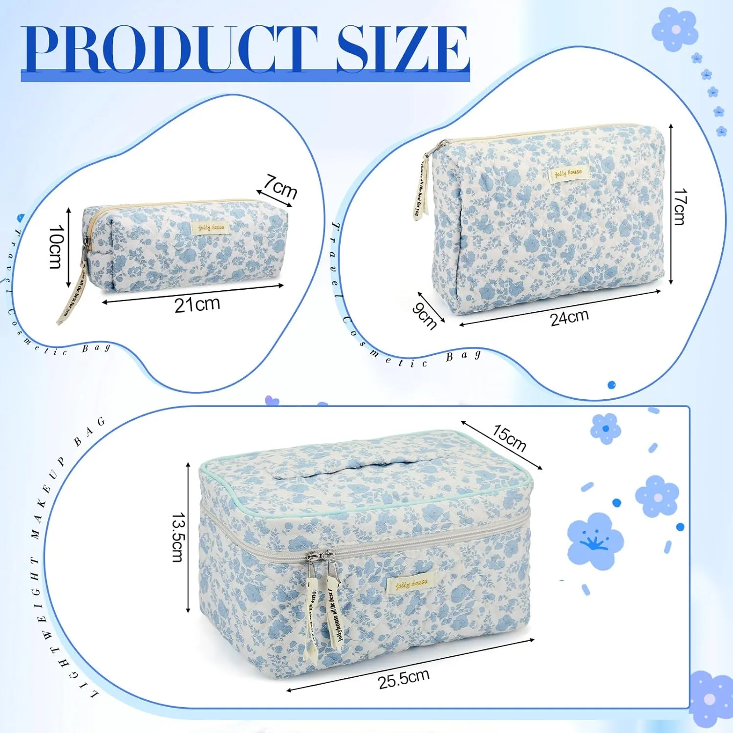Zeyune 3 Pcs Quilted Makeup Bag Large Cosmetic Floral Makeup Bag Travel Toiletry Storage Aesthetic Cute Cosmetic Pouch with Zipper for Women Mom Birthday Gift Home Bathroom(Blue Flower)