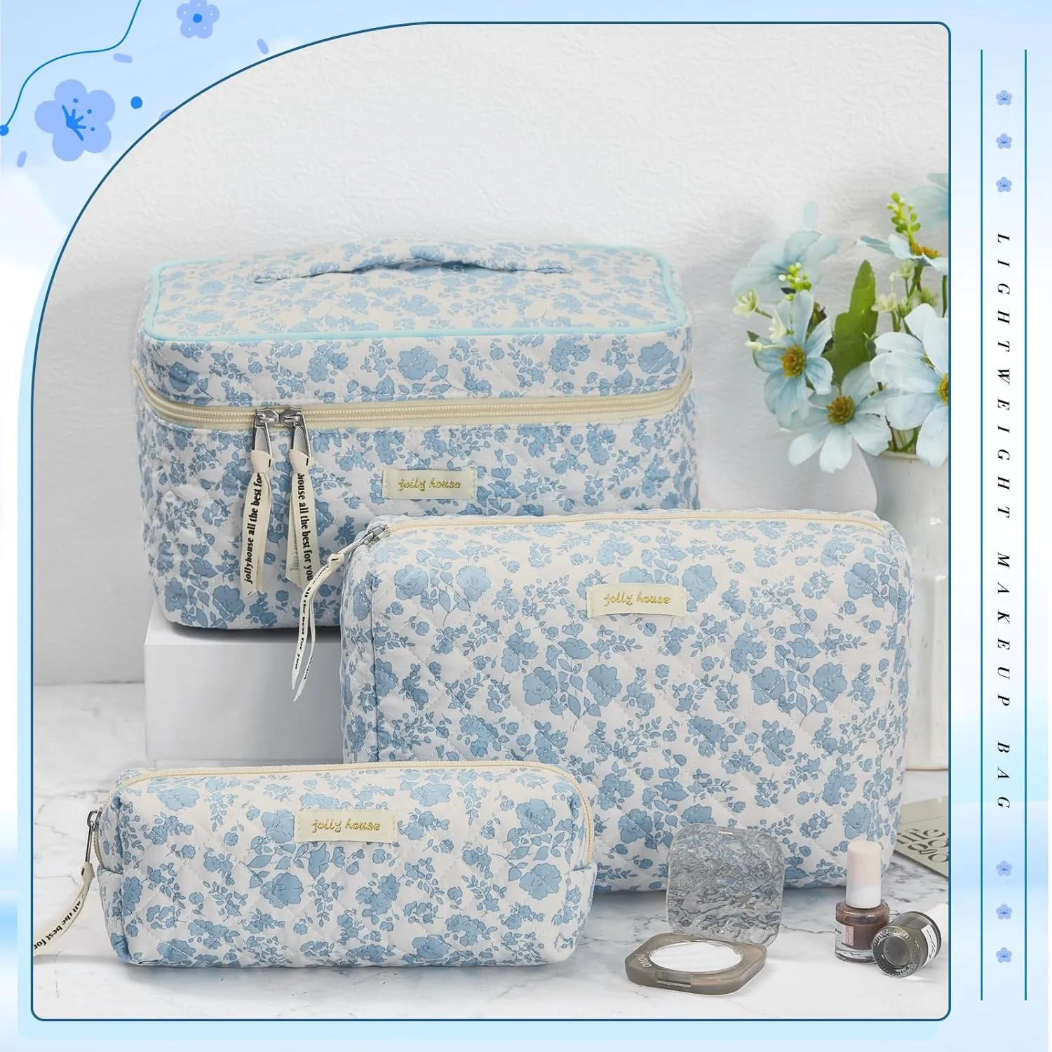 Zeyune 3 Pcs Quilted Makeup Bag Large Cosmetic Floral Makeup Bag Travel Toiletry Storage Aesthetic Cute Cosmetic Pouch with Zipper for Women Mom Birthday Gift Home Bathroom(Blue Flower)