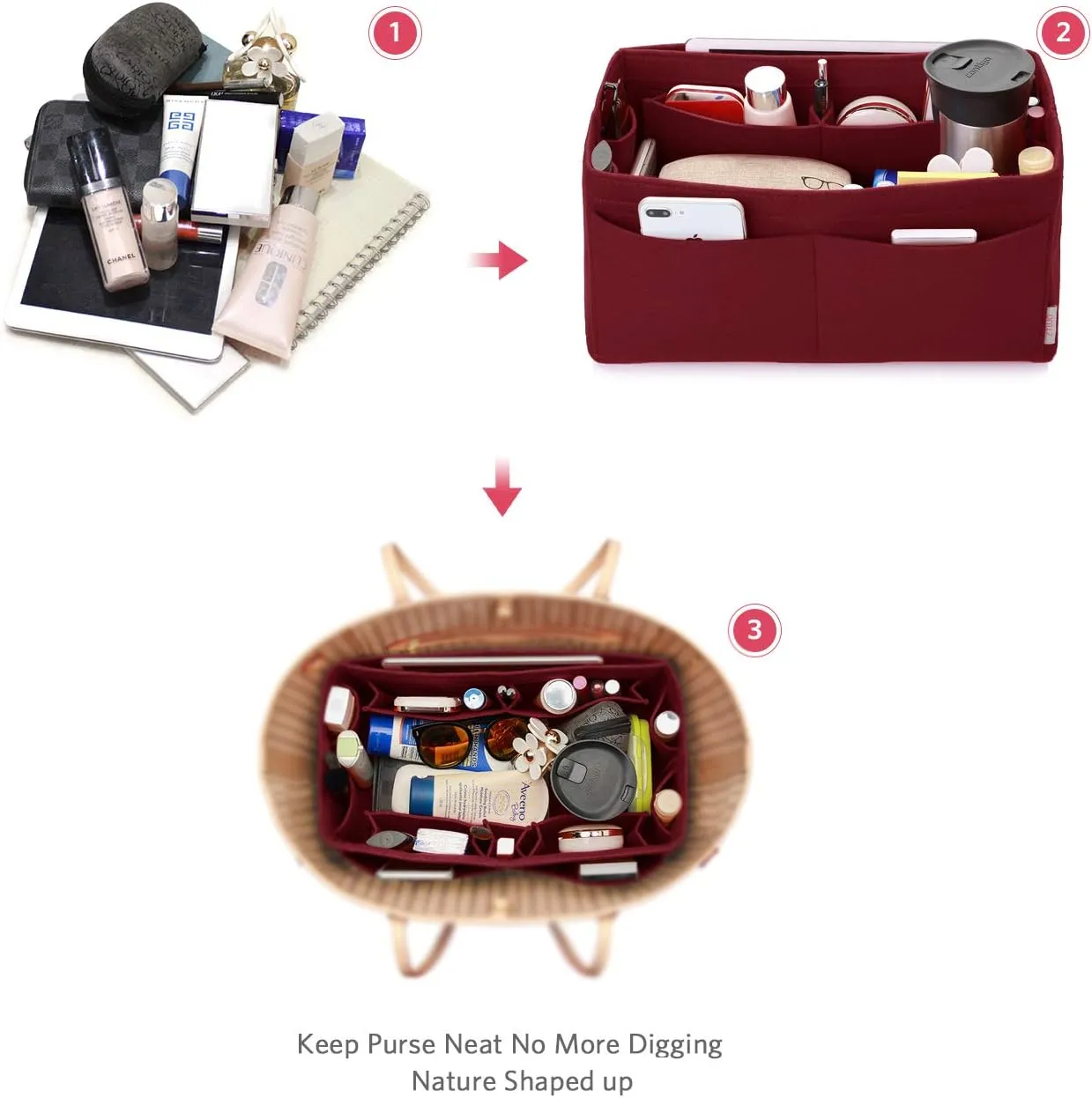 ZTUJO Felt Purse Organizer, Multi Pocket Bag in Bag Organizer For Tote & Handbag Shaper, Speedy 30, Speedy 35 and Speedy 40