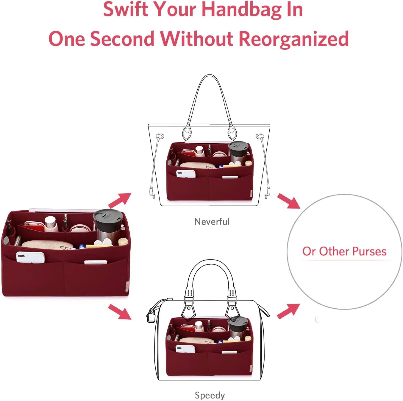 ZTUJO Felt Purse Organizer, Multi Pocket Bag in Bag Organizer For Tote & Handbag Shaper, Speedy 30, Speedy 35 and Speedy 40